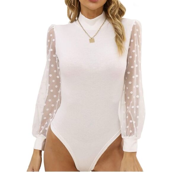 New Womens Bodysuit Turtle Neck Polka Dot Sheer Mesh Long Sleeve Ribbed Bodysuit - Picture 1 of 11